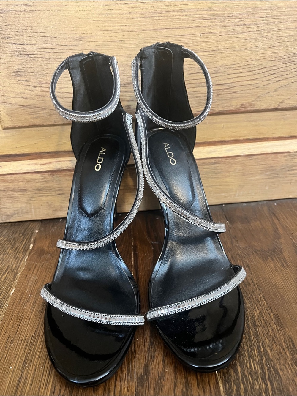 ALDO Black Patent Heels with Silver Rhinestone Straps